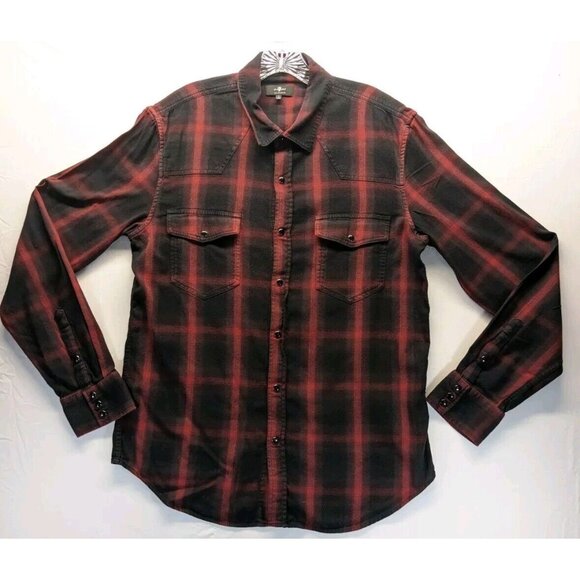 7 For All Mankind Red Black Buffalo Plaid Snap Button Long Sleeve Shirt Large - Picture 1 of 8